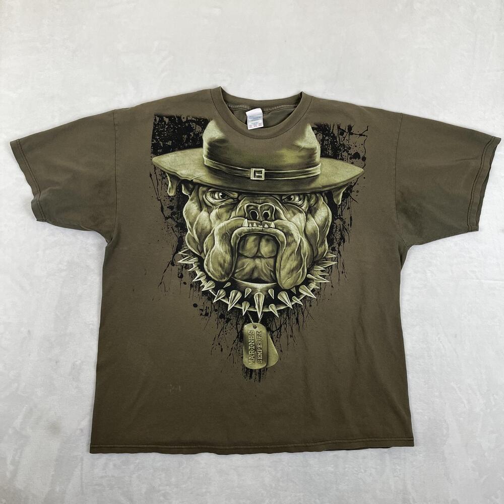 Vintage Marines Bulldog T-Shirt Mens 2XL Green Drill Sergeant Big Print